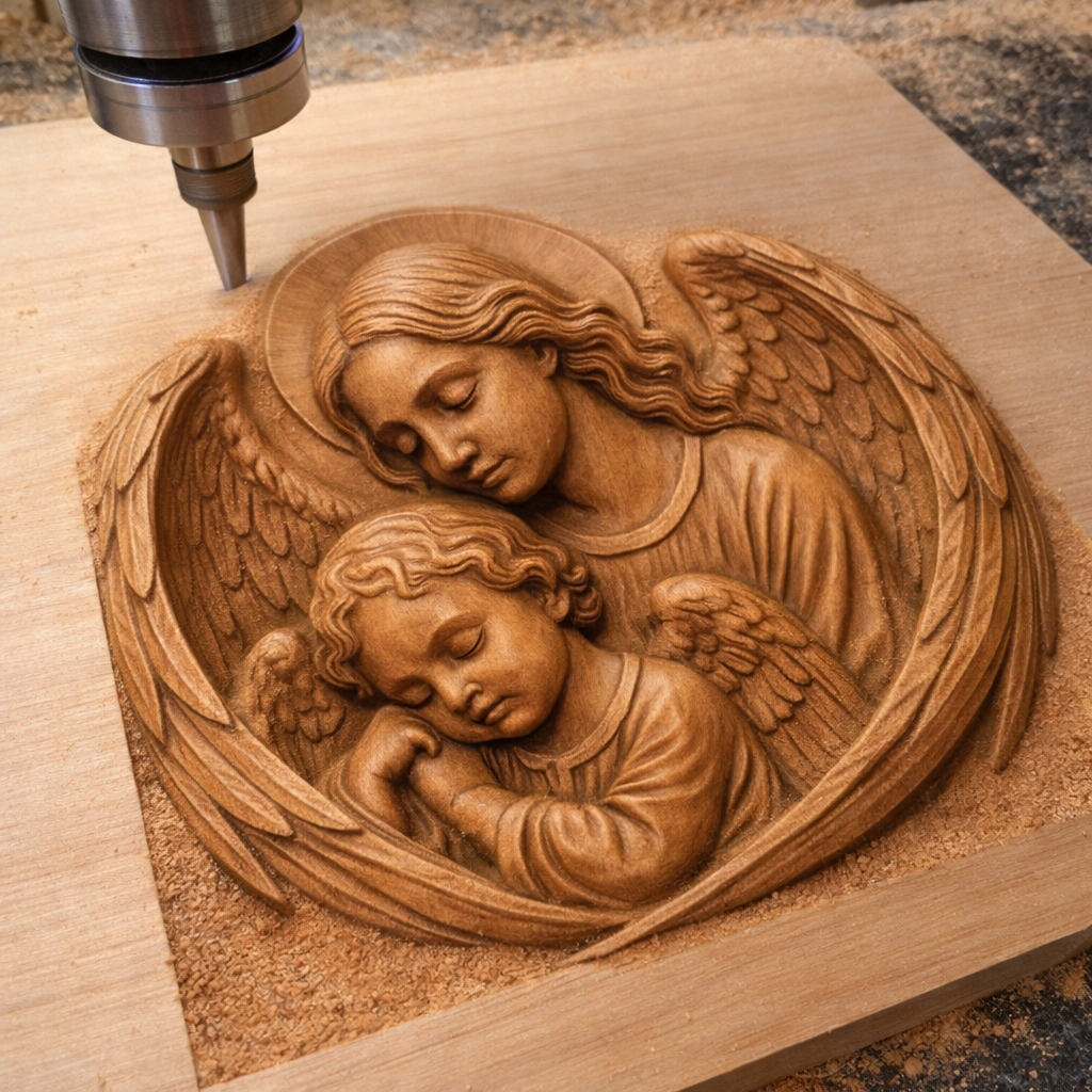 CNC machine carving a guardian angel relief into a wood panel, cutting tool shaping the angel and child design with fine detail, fresh wood surface showing clean carved lines and depth