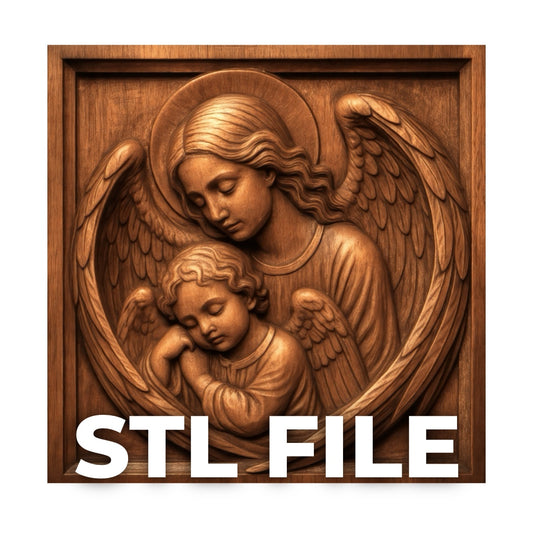 Guardian angel holding a sleeping child carved into a square wood panel, circular shield composition with detailed wings and soft flowing forms, deep carved shadows and smooth layered depth across the design