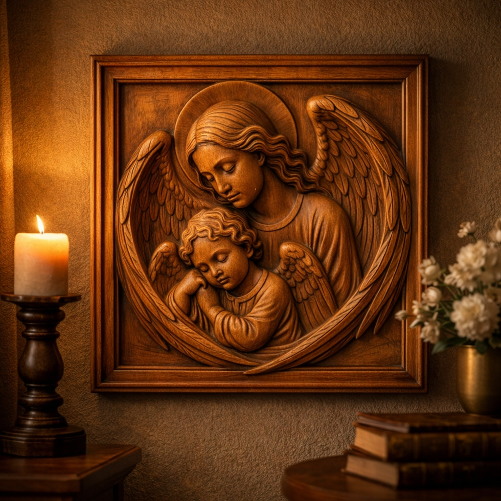 Guardian angel wood carving displayed on a wall beside candles and decor, framed panel with soft shadows highlighting the depth of the angel and child, warm interior lighting emphasizing the carved detail