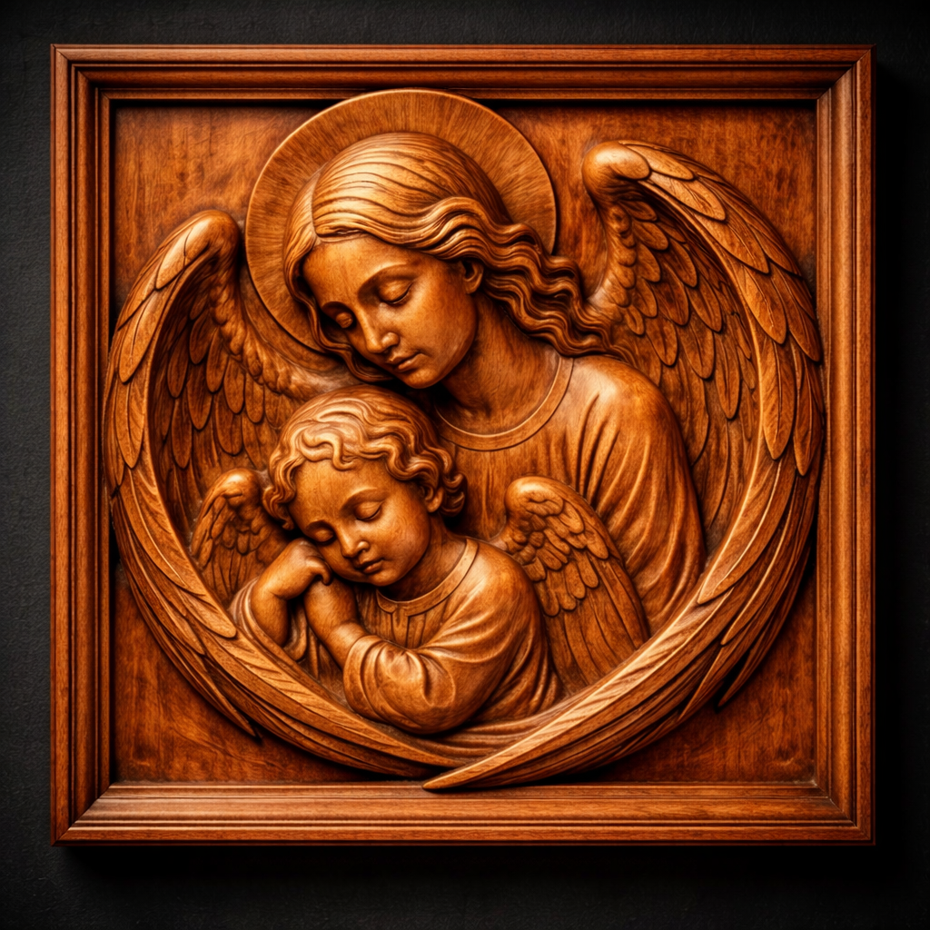 Framed wooden relief carving of a guardian angel embracing a child, detailed feathers and facial features with strong depth, warm wood tones and visible grain enhancing the carved contours