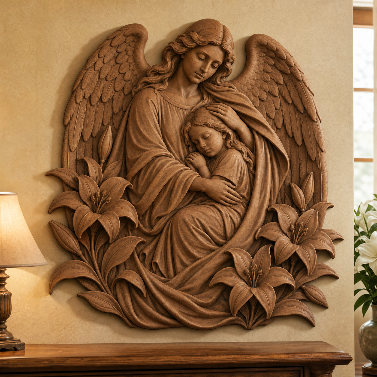 Winged guardian angel embraces a sleeping child in a detailed wood relief with lilies, displayed above a console in a warm room.