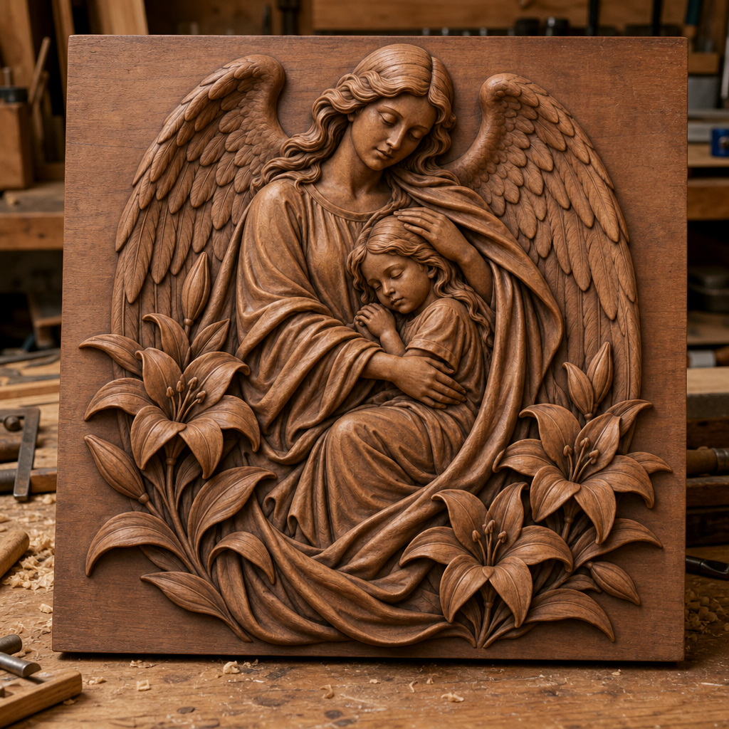 Guardian angel cradles a sleeping child, framed by lilies and wings in a detailed CNC wood relief on a workshop bench.
