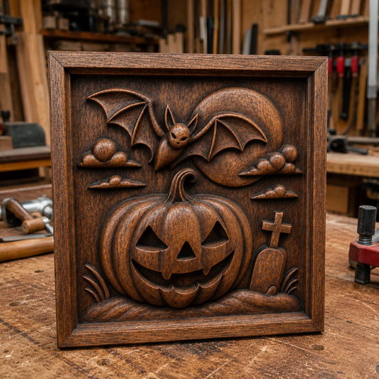 Introducing the "Halloween Bat Pumpkin Relief STL File | Holiday CNC Wall Art" by Form Arcade—a wooden carving design depicting a Halloween scene with a jack-o’-lantern, bat, gravestone, and clouds. The scene is set against a woodworking bench with tools and wood in the background. Perfect for CNC relief carving enthusiasts or anyone seeking a unique bas relief STL file featuring a Halloween bat and pumpkin theme.