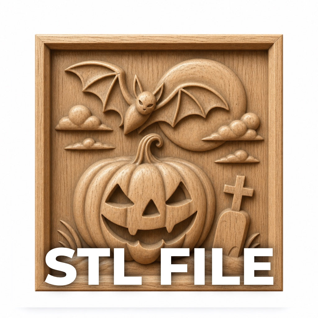 Form Arcade’s Halloween Bat Pumpkin Relief STL File features a carved pumpkin, bat, moon, clouds, and gravestone—ideal holiday CNC wall art or woodworking décor for Halloween.