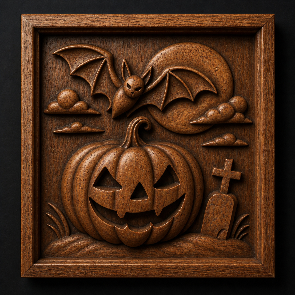 The "Halloween Bat Pumpkin Relief STL File" by Form Arcade features a grinning jack-o’-lantern, bat, moon, clouds, and gravestone—perfect CNC wall art for Halloween-themed décor.