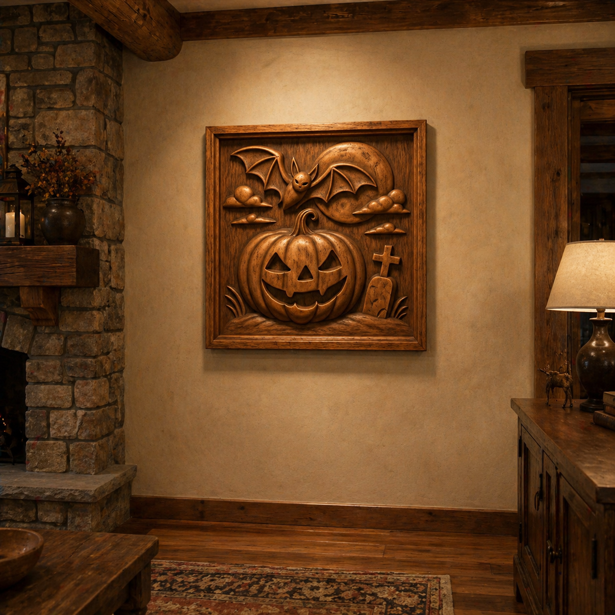 A cozy room with wood and stone accents features the Form Arcade Halloween Bat Pumpkin Relief STL File, a holiday CNC wall art with bat, jack-o-lantern, and gravestone. A lamp, fireplace, and decorative vase enhance the charming scene.