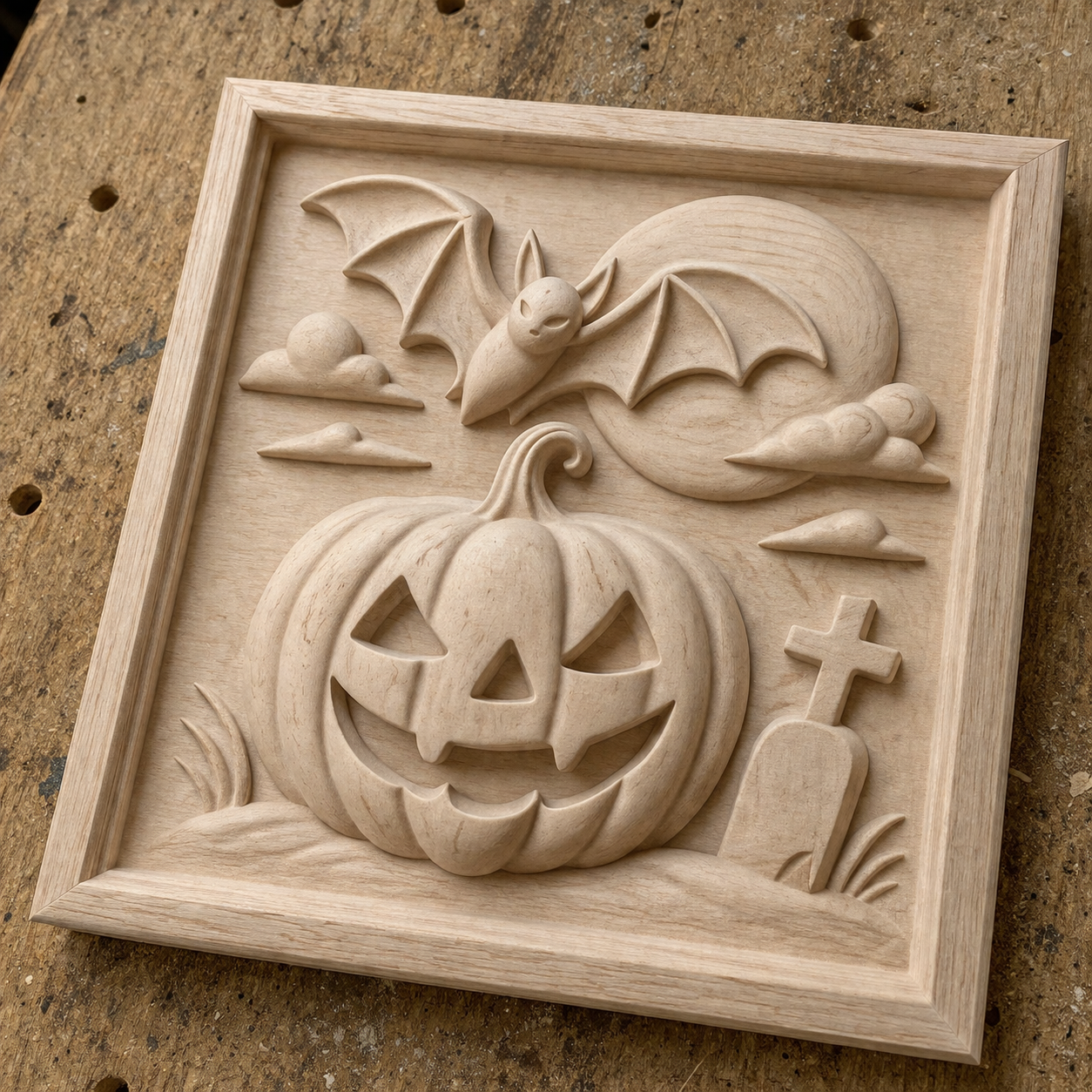 The "Halloween Bat Pumpkin Relief STL File" by Form Arcade depicts a smiling jack-o-lantern, bat, full moon, clouds, and gravestone—ideal for holiday CNC wall art or relief carving projects.