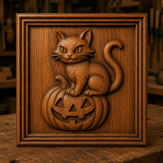 The Halloween Cat Pumpkin Relief STL File by Form Arcade showcases a detailed wooden panel design of a cat sitting atop a jack-o-lantern within a decorative frame, displayed on a workshop's wooden surface—making it ideal inspiration for CNC relief carving or other woodworking projects.
