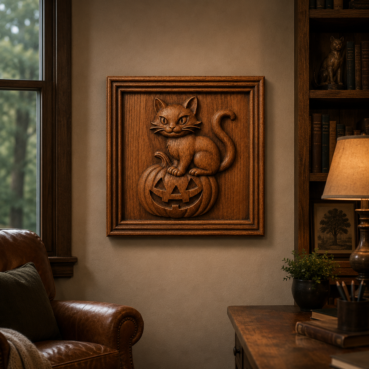 The Halloween Cat Pumpkin Relief STL File by Form Arcade is a CNC-carved wall art design that showcases a cat perched atop a pumpkin, making it a charming addition to any cozy study adorned with bookshelves, a leather chair, and the warm glow of a lamp.