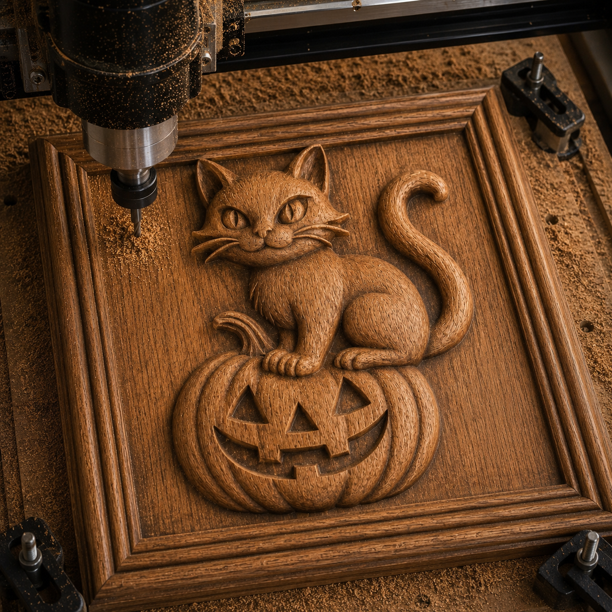 A CNC machine carves a wooden plaque using the "Halloween Cat Pumpkin Relief STL File | Holiday CNC Wall Art" by Form Arcade, depicting a cat sitting on a jack-o-lantern—perfect for Halloween-themed woodworking projects. Sawdust surrounds the CNC tool as it works, highlighting the detailed relief carving unique to this design.