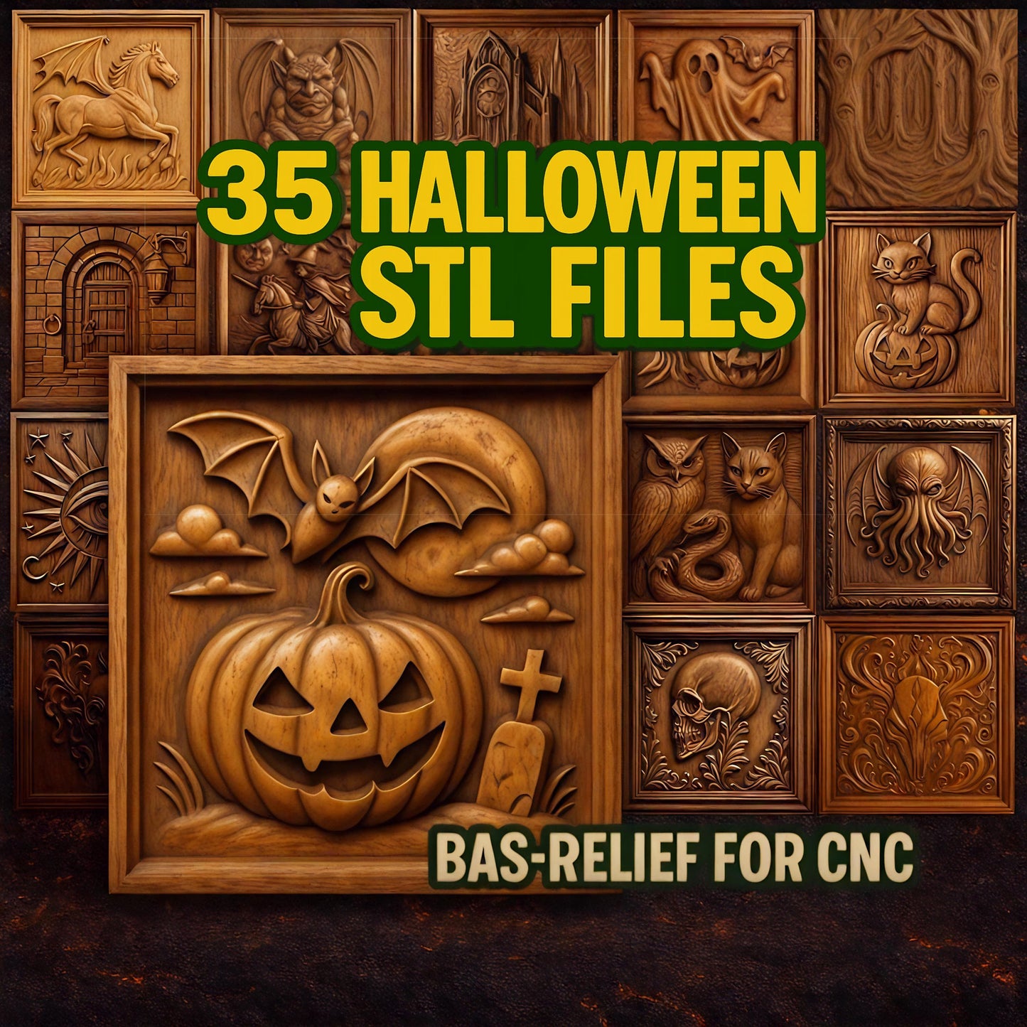 Wooden bas-relief carvings featuring Halloween designs like a jack-o’-lantern, bat, haunted house, and black cat. Green and yellow text proclaims, “Halloween 35-Pack Mega Bundle CNC STL Files | Halloween CNC Wall Art by Form Arcade—perfect for relief carving and creative woodworking projects.”.