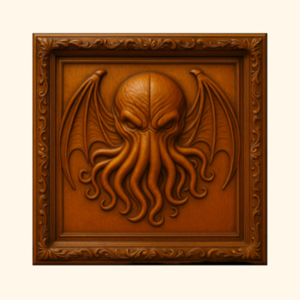 Introducing a detailed wooden plaque from Form Arcade's Halloween 35-Pack Mega Bundle CNC STL Files | Halloween CNC Wall Art collection. This piece showcases an ornate border and a relief carving of a creature with a squid-like head, tentacles, and bat-like wings—evoking the Lovecraftian Cthulhu aesthetic. Ideal for woodworking projects or as part of your next Halloween décor upgrade.