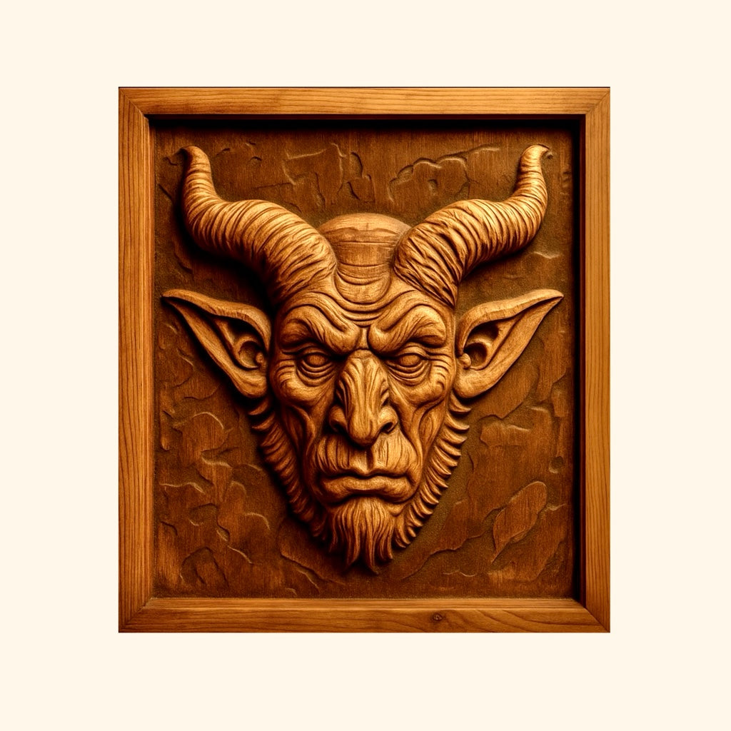 A wooden relief carving depicting a mythical creature's face with horns, pointed ears, and a serious expression is displayed within a square wooden frame against a plain background. This distinctive design from Form Arcade’s Halloween 35-Pack Mega Bundle CNC STL Files makes an excellent addition to woodworking projects or can be seamlessly integrated into themed collections such as the Halloween CNC Wall Art series.