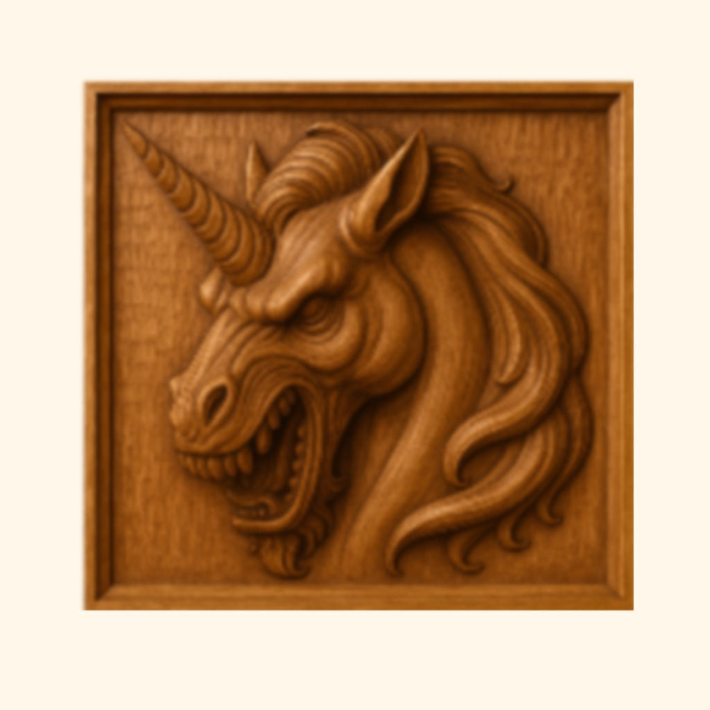 Bring haunting craftsmanship to your woodworking projects with the Halloween 35-Pack Mega Bundle CNC STL Files | Halloween CNC Wall Art by Form Arcade. This collection features expertly crafted relief carvings, including a striking unicorn head in profile—complete with a long horn, flowing mane, and open mouth—designed for use within a square wooden frame. Perfect for showcasing advanced relief carving techniques and adding unique flair to your seasonal décor.