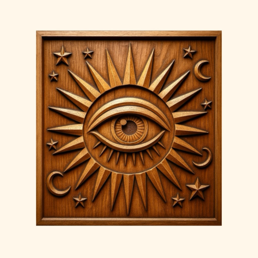 A wooden relief carving featuring an eye at the center of a radiant sunburst, encircled by stars and crescent moons within a square frame. This mystical, celestial design is included in the Halloween 35-Pack Mega Bundle CNC STL Files | Halloween CNC Wall Art by Form Arcade—perfect for your next woodworking project or to enhance your Halloween decor collection.