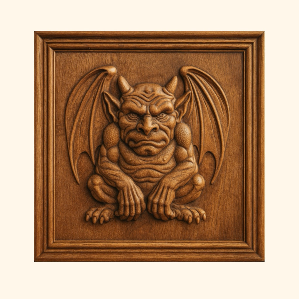 A crouching gargoyle with wings, horns, and a stern expression is intricately carved in wood and set within a decorative square frame—an ideal piece to include in your Halloween 35-Pack Mega Bundle CNC STL Files | Halloween CNC Wall Art by Form Arcade, perfect for enhancing woodworking projects or seasonal decor collections.