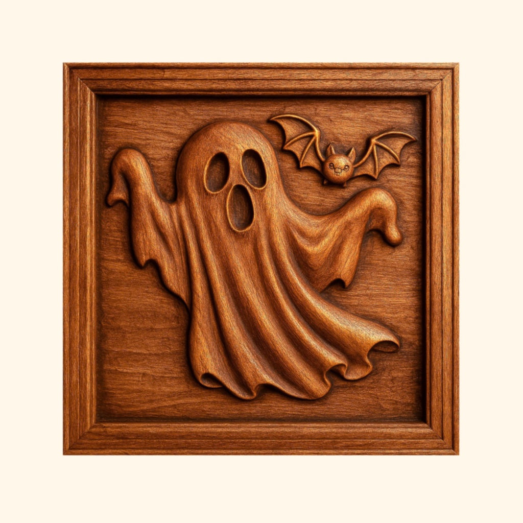 A wooden relief carving of a ghost with an open mouth and eyes, accompanied by a small bat, set in a square wooden frame with a light background. This design is included in the Halloween 35-Pack Mega Bundle CNC STL Files from Form Arcade—perfect for woodworking projects or adding to your Halloween CNC wall art collection.