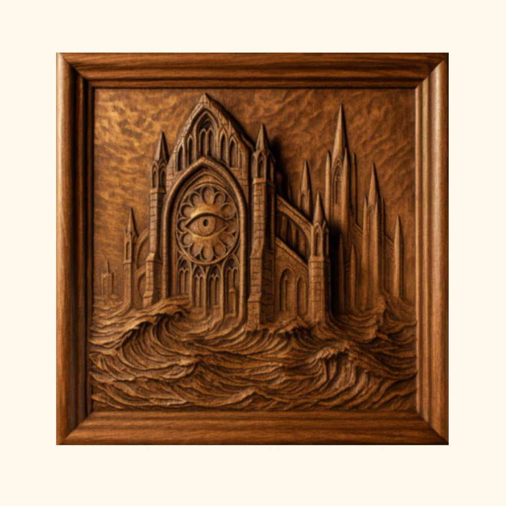 A wooden relief carving of a gothic cathedral with an eye in a rose window, surrounded by waves and framed in wood—an inspiring piece for woodworking projects or anyone looking for unique designs like the Halloween 35-Pack Mega Bundle CNC STL Files from Form Arcade.