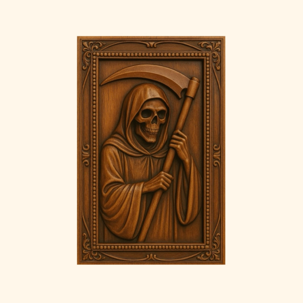 Add a touch of spooky charm to your woodworking projects with this Grim Reaper wooden relief carving—showcasing a hooded skeleton holding a scythe and framed with ornate decorative borders. This design is part of the Halloween 35-Pack Mega Bundle CNC STL Files by Form Arcade, perfect for your Halloween CNC wall art collection.
