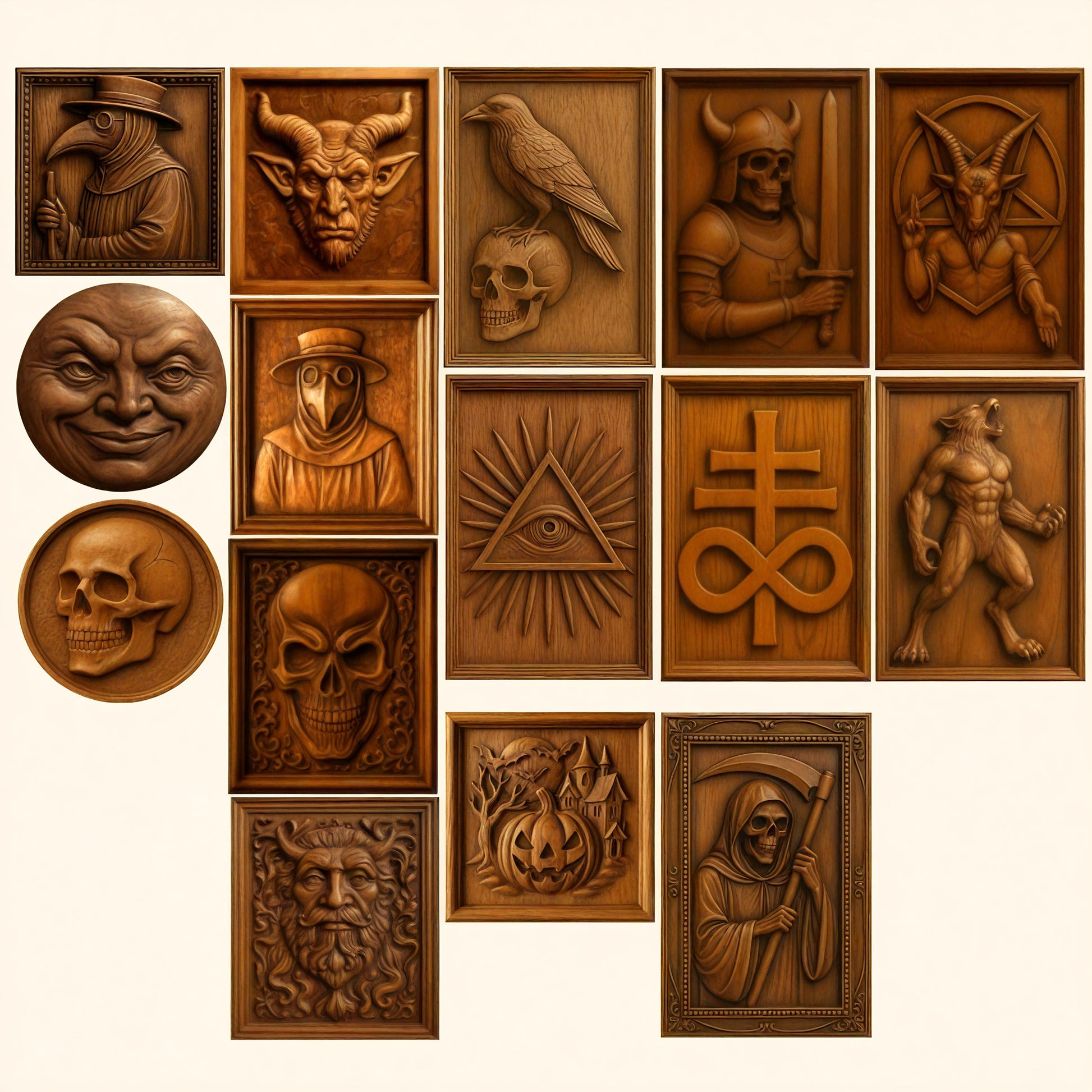 Form Arcade’s Halloween 35-Pack Mega Bundle CNC STL Files features intricately carved wooden relief panels depicting designs such as plague doctors, skulls, a horned demon, raven, armored knight, moon face, werewolf, goat figure, all-seeing eye, cross, old man, pumpkin, haunted house, and grim reaper. These Halloween CNC wall art files are perfect for woodworking projects or expanding your seasonal design collection.