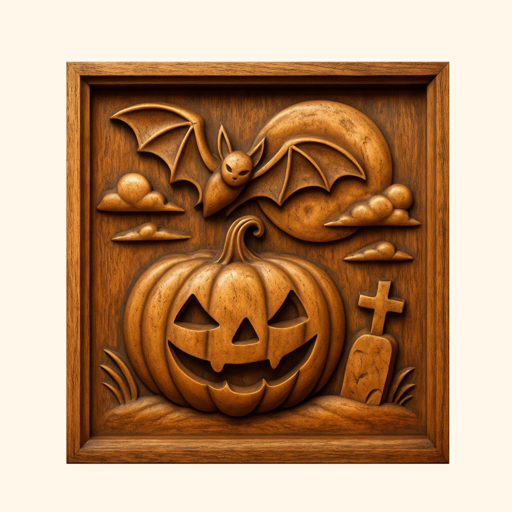 Add a spooky touch to your woodworking projects with the Halloween 35-Pack Mega Bundle CNC STL Files by Form Arcade. This bundle features carved wall art designs like a jack-o’-lantern, a bat flying in front of a full moon, clouds, and a gravestone—all framed in a wooden square—making it perfect for Halloween-themed creations.