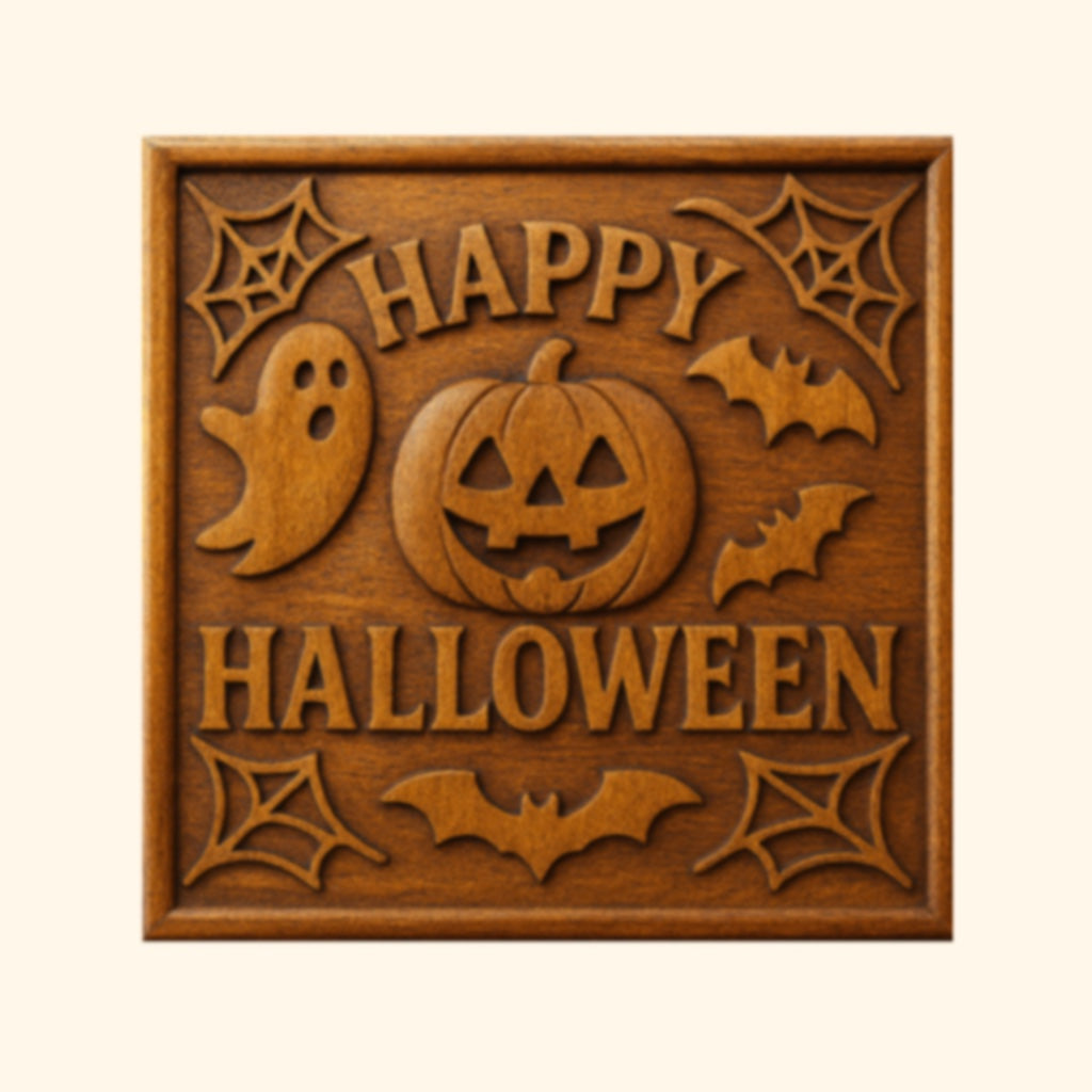 Introducing the "Halloween 35-Pack Mega Bundle CNC STL Files | Halloween CNC Wall Art" by Form Arcade—this wooden plaque design features intricately detailed relief carvings of “Happy Halloween” text, a pumpkin, ghost, bats, and spiderwebs against a light background. Perfect for distinctive woodworking projects or as an essential addition to your Halloween Mega Bundle collection.