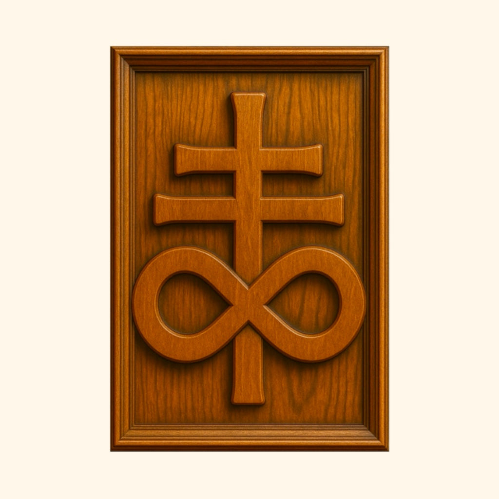 Introducing the "Halloween 35-Pack Mega Bundle CNC STL Files | Halloween CNC Wall Art" by Form Arcade—a digital collection featuring designs like a wooden plaque with a carved symbol of two horizontal lines above an infinity sign, all framed in a rectangular border against a light background—perfect for your next woodworking project or as inspiration for relief carving.