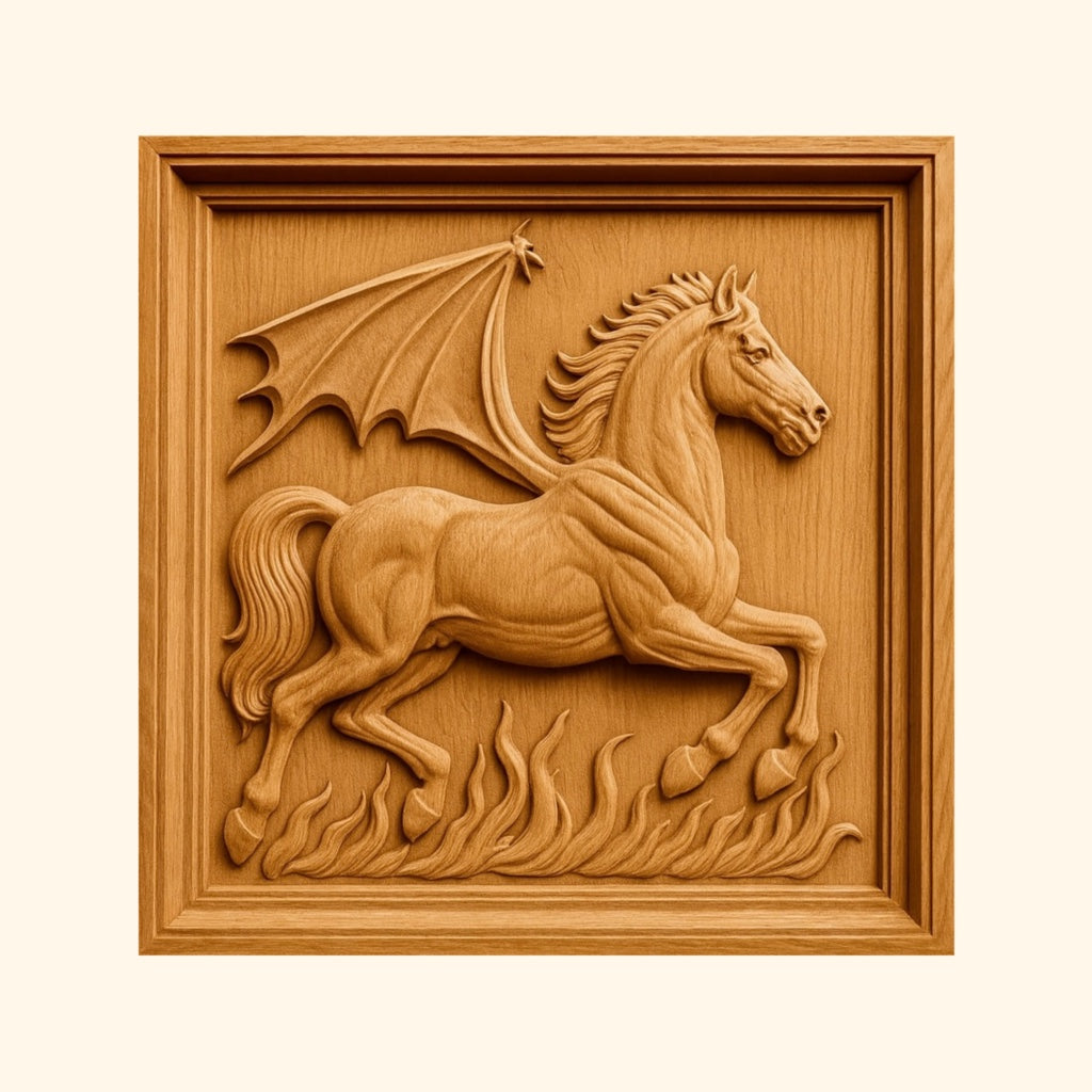 A wooden relief carving of a horse with dragon wings leaping above stylized flames, set within a rectangular wooden frame. This striking piece is included in the Form Arcade Halloween 35-Pack Mega Bundle CNC STL Files | Halloween CNC Wall Art collection, making it perfect for woodworking projects or as part of your seasonal decor.
