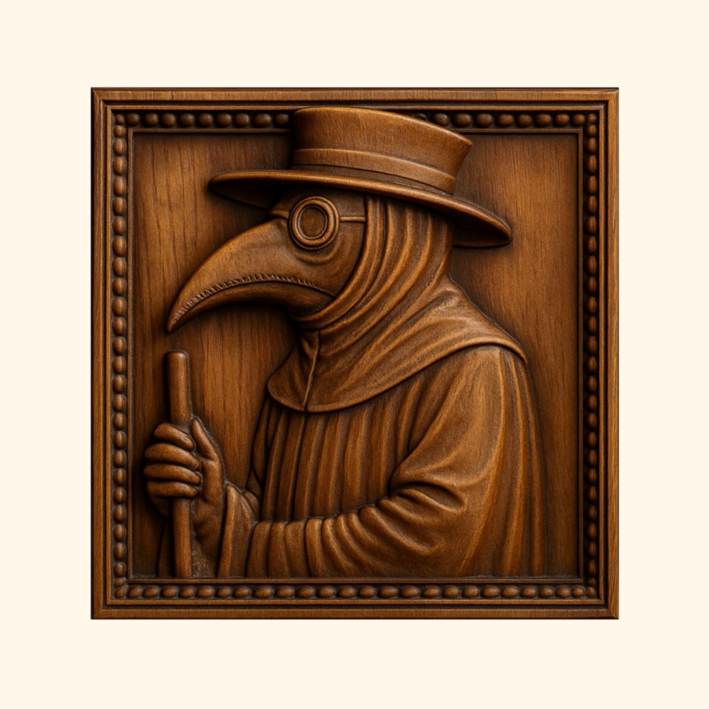 A carved wooden plaque from the Form Arcade Halloween 35-Pack Mega Bundle CNC STL Files showcases a figure in a plague doctor outfit—complete with beaked mask, wide-brimmed hat, cloak, and staff. Ideal for woodworking projects or relief carving, this Halloween CNC wall art design is framed with a beaded border.