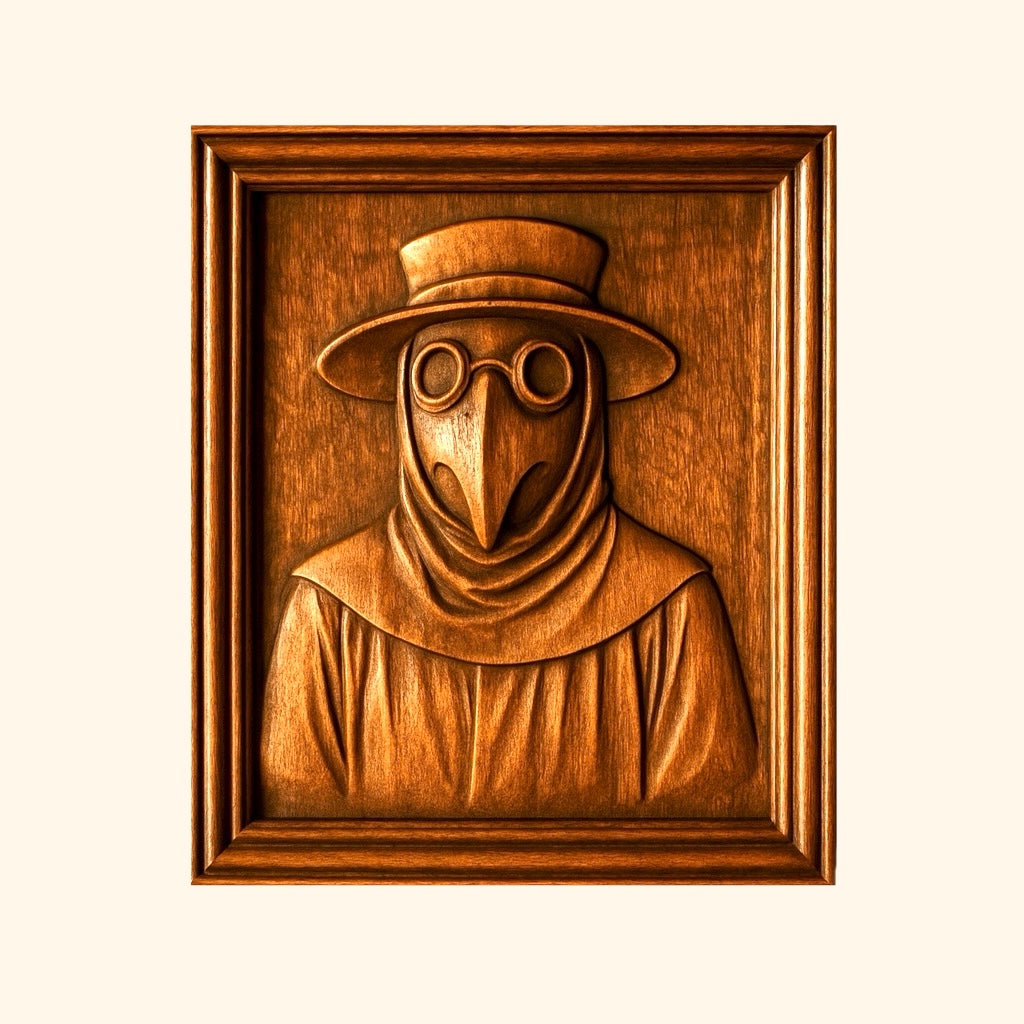 A carved wooden plaque from Form Arcade’s Halloween 35-Pack Mega Bundle CNC STL Files features a plague doctor in a beaked mask, cloak, and wide-brimmed hat. With its rectangular wood frame and plain background, this unique relief carving makes an ideal addition to any Halloween CNC wall art collection.