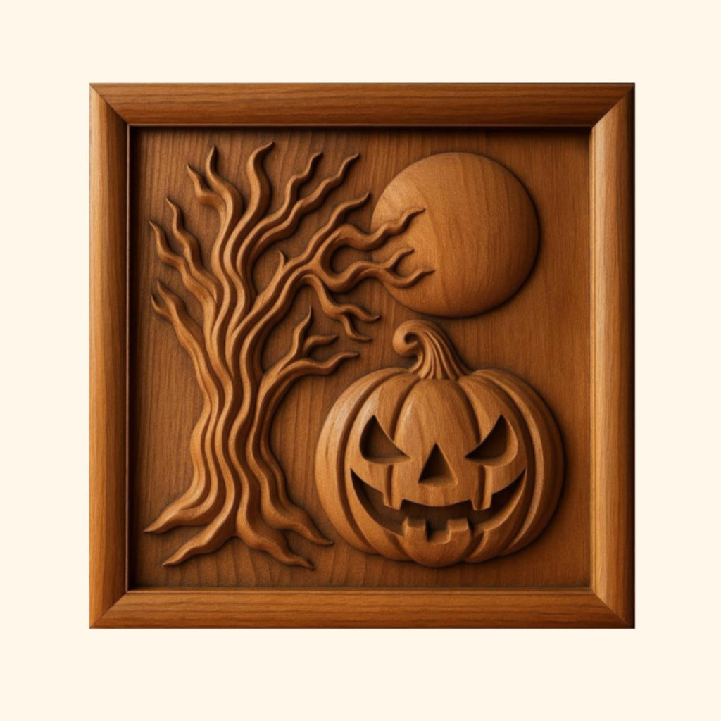 Here’s a rewritten version of the sentence using your product data: Bring Halloween spirit to your woodworking projects with Form Arcade’s "Halloween 35-Pack Mega Bundle CNC STL Files | Halloween CNC Wall Art." This digital collection includes a detailed relief carving design featuring a jack-o-lantern, bare tree, and full moon framed in a square—perfect inspiration for your next CNC project.
