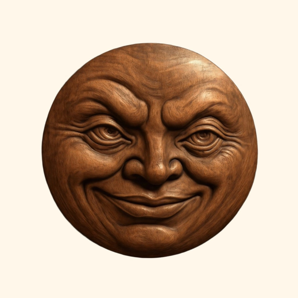A round wooden carving featuring a whimsical, exaggerated human face with large eyes, high arched brows, and a wide mischievous grin stands out against a simple background. Ideal for relief carving or creative woodworking projects, this design is perfect for enthusiasts wanting to expand their Form Arcade Halloween 35-Pack Mega Bundle CNC STL Files | Halloween CNC Wall Art collection.