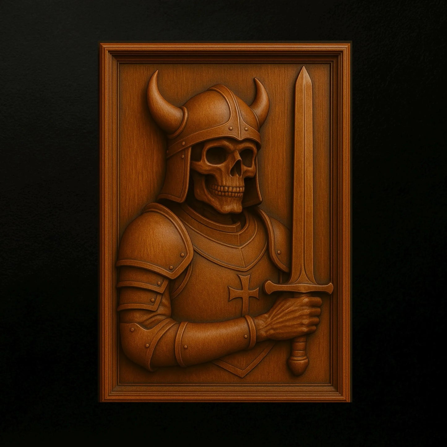 A wooden relief carving featuring a horned, armored skeleton holding a sword is set in a rectangular frame against a black background. This detailed design from the Halloween 35-Pack Mega Bundle CNC STL Files by Form Arcade is perfect for woodworking projects or as an eye-catching addition to your Halloween CNC Wall Art collection.