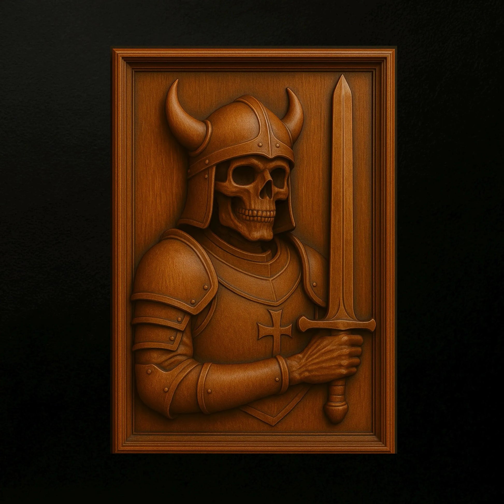 A wooden relief carving featuring a horned, armored skeleton holding a sword is set in a rectangular frame against a black background. This detailed design from the Halloween 35-Pack Mega Bundle CNC STL Files by Form Arcade is perfect for woodworking projects or as an eye-catching addition to your Halloween CNC Wall Art collection.