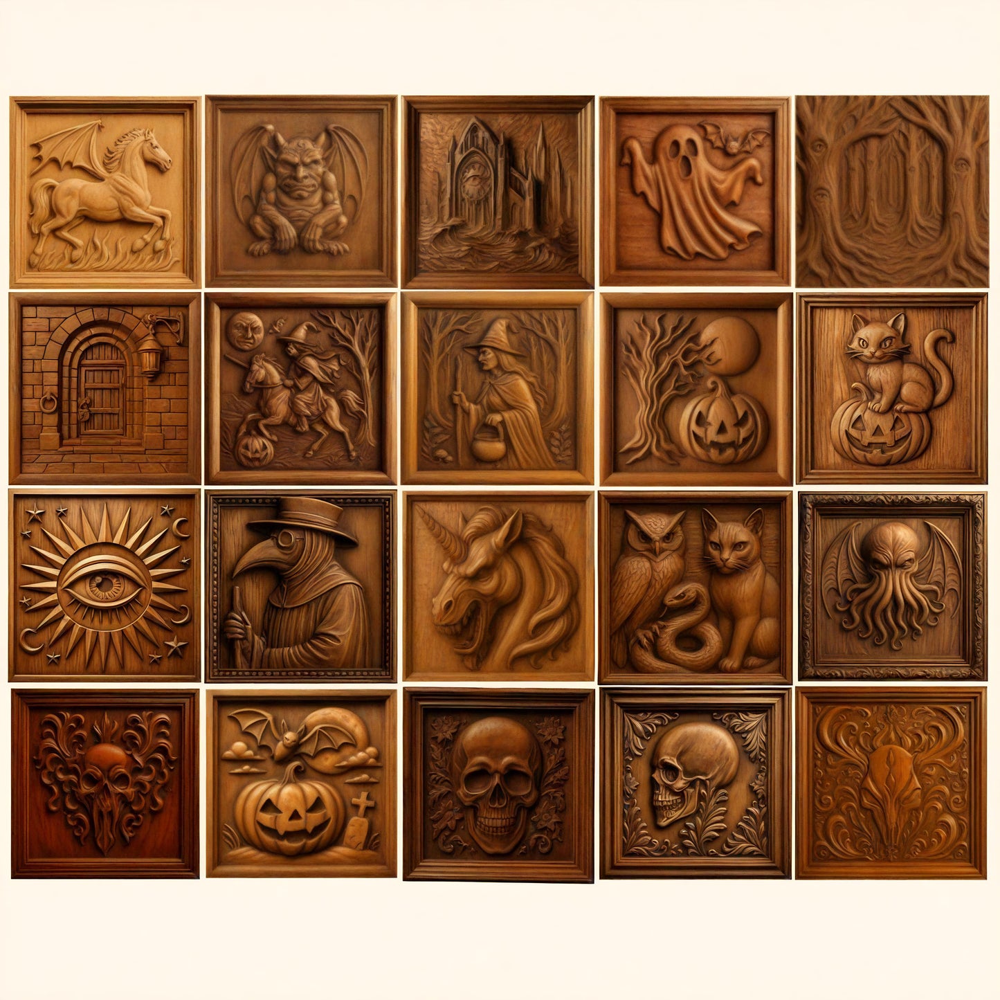 A grid of intricately carved wooden panels showcases fantasy and Halloween scenes—unicorns, ghosts, pumpkins, cats, skulls, and other mythical creatures—each rendered in detailed relief with rich brown tones. The Halloween Mega Bundle CNC STL Files by Form Arcade offers perfect inspiration for woodworking projects or creating your own Halloween CNC wall art.