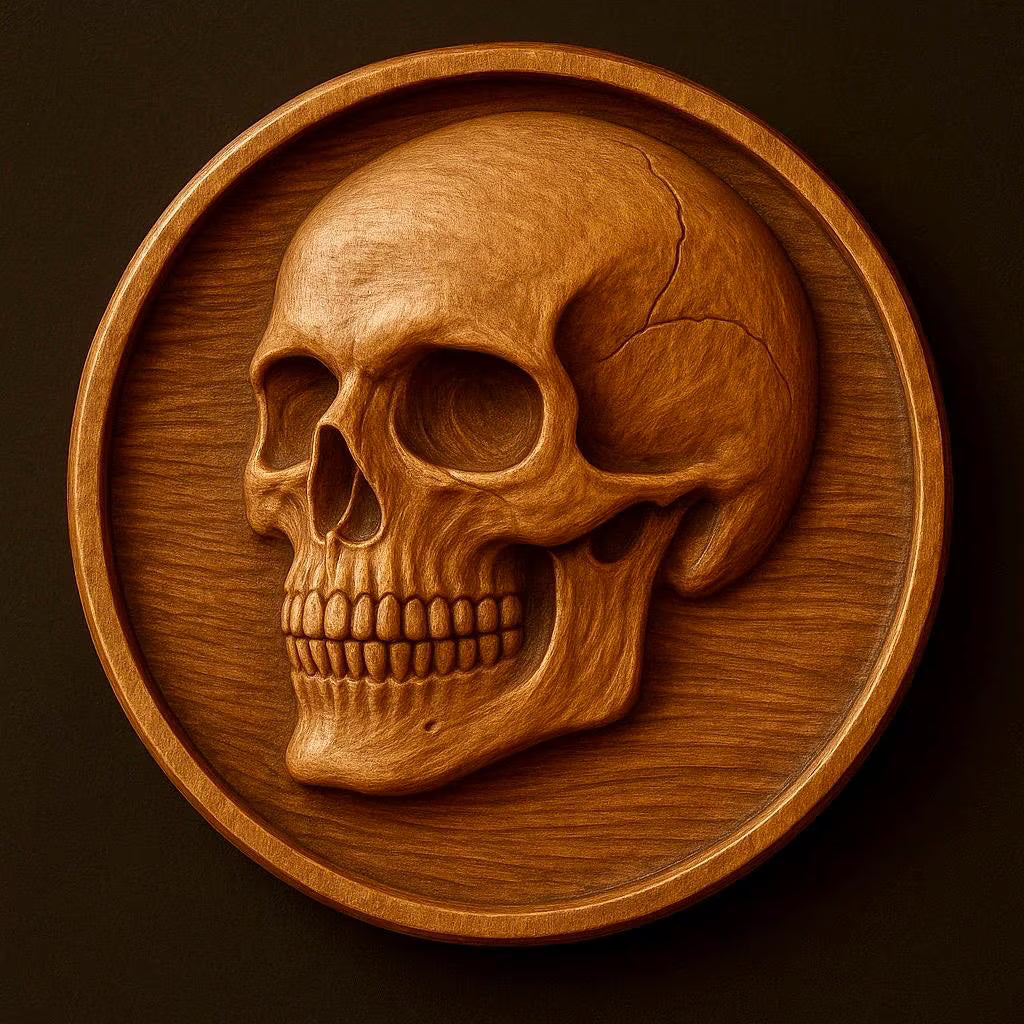 Showcased inside a round wooden frame against a dark background, this detailed human skull relief carving is one of the impressive designs featured in the "Halloween 35-Pack Mega Bundle CNC STL Files | Halloween CNC Wall Art" from Form Arcade—an inspiring example of woodworking artistry perfect for your next Halloween project.