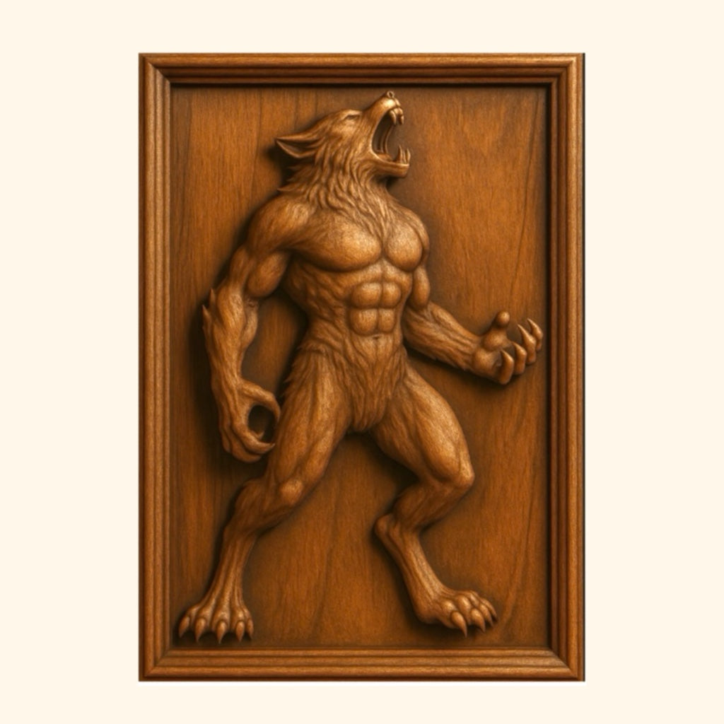 A detailed relief carving of a muscular werewolf howling, set in a rectangular wooden frame with a light background—perfect for woodworking projects or as part of your Halloween 35-Pack Mega Bundle CNC STL Files | Halloween CNC Wall Art collection by Form Arcade.