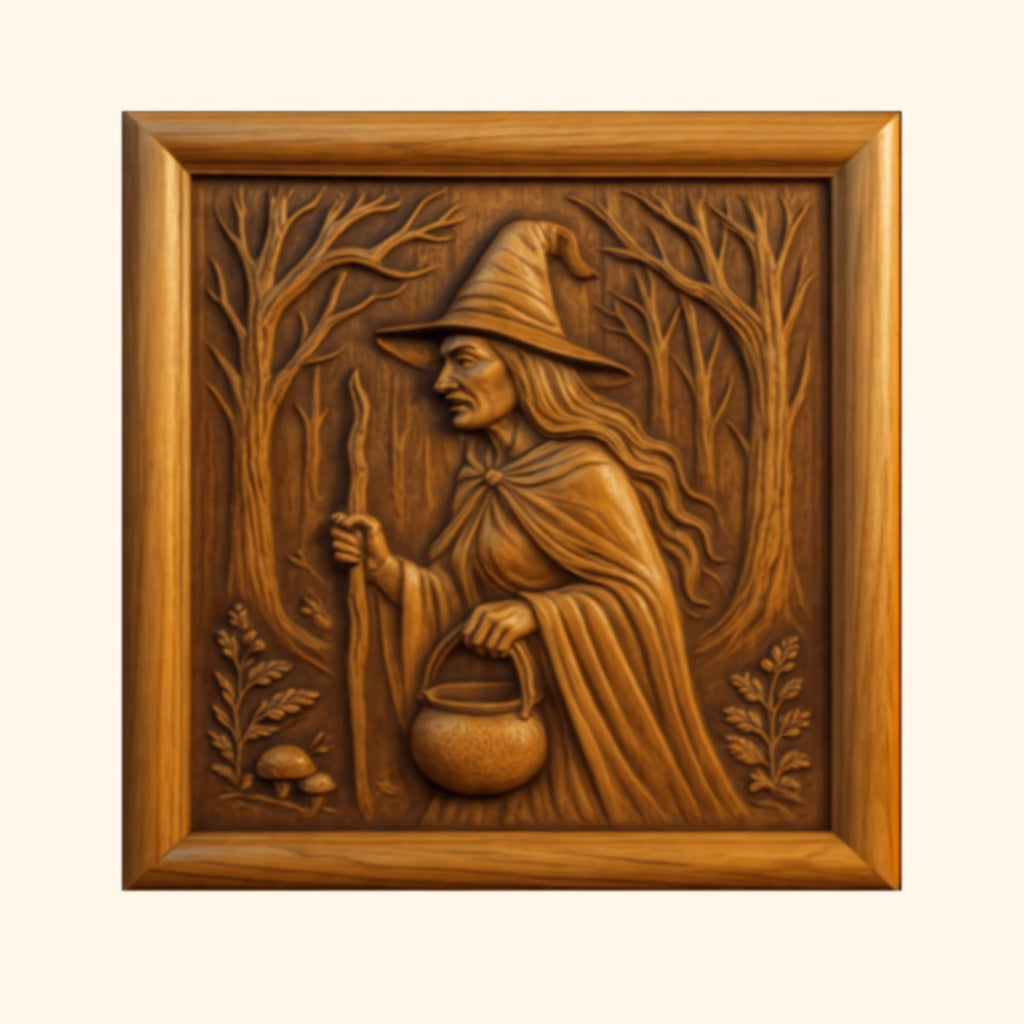 Wooden carving of a witch holding a staff and cauldron, wearing a pointed hat, standing in a forest with trees, plants, and mushrooms—all set within a square wooden border from the Halloween 35-Pack Mega Bundle CNC STL Files by Form Arcade—an ideal piece for your woodworking projects or Halloween CNC Wall Art collection.