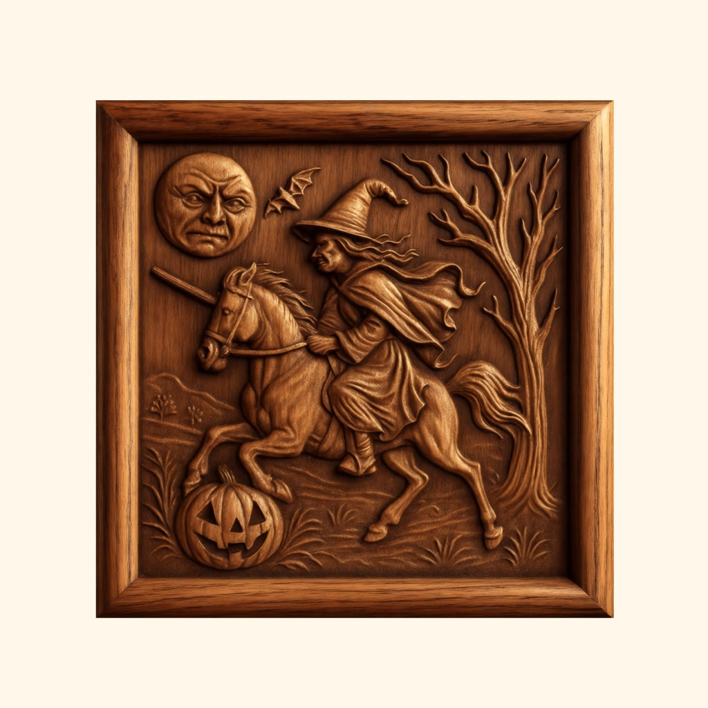A wooden carving from Form Arcade’s Halloween 35-Pack Mega Bundle CNC STL Files depicts a witch on horseback soaring past a leafless tree, a smiling jack-o’-lantern, and a scowling moon surrounded by bats. Perfect for woodworking or relief carving projects, this square-framed scene makes an excellent addition to any Halloween CNC wall art collection.