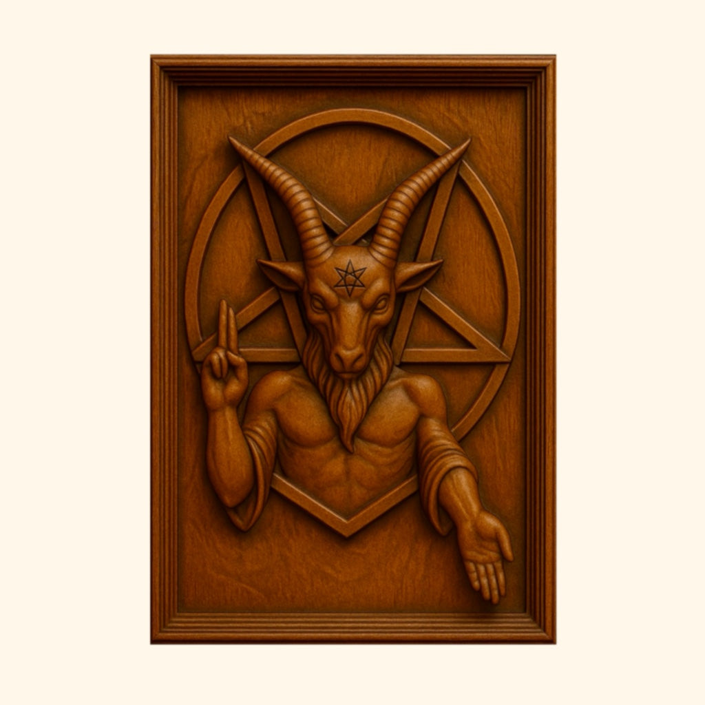 A carved wooden relief of a horned, goat-headed figure with a pentagram in the background—one hand raised with two fingers up and the other palm open—set within a rectangular frame, from the Halloween 35-Pack Mega Bundle CNC STL Files by Form Arcade. Perfect for unique woodworking projects or as striking wall art in your Halloween CNC collection.