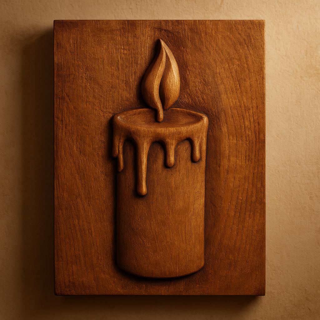 Add a unique touch to your woodworking projects with the "Halloween 35-Pack Mega Bundle CNC STL Files | Halloween CNC Wall Art" from Form Arcade, featuring detailed wooden relief designs such as a lit candle with melting wax, elegantly mounted on a rectangular wooden plaque against a beige background.