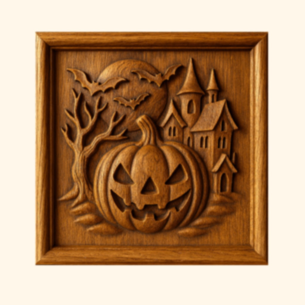 The Halloween 35-Pack Mega Bundle CNC STL Files from Form Arcade features intricately detailed designs, including a jack-o’-lantern, a spooky tree with bats, and a haunted house illuminated by a full moon—perfect inspiration for your next Halloween woodworking or wall art project.