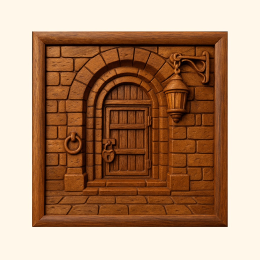 Featuring the "Halloween 35-Pack Mega Bundle CNC STL Files | Halloween CNC Wall Art" by Form Arcade, this intricately detailed carved wooden relief depicts an arched door adorned with a padlock, door knocker, and lantern, set within a brick wall. Beautifully framed in wood and showcasing exquisite craftsmanship, this masterpiece is an ideal example of relief carving—perfect for woodworking and CNC projects.