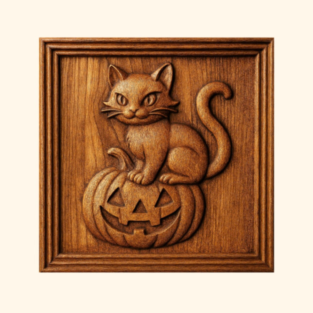 Showcasing intricate relief carving, the Halloween 35-Pack Mega Bundle CNC STL Files by Form Arcade features a wood carving design of a cat with an alert expression sitting atop a smiling jack-o-lantern, framed in a square wooden border—perfect inspiration for your next woodworking or CNC wall art project.