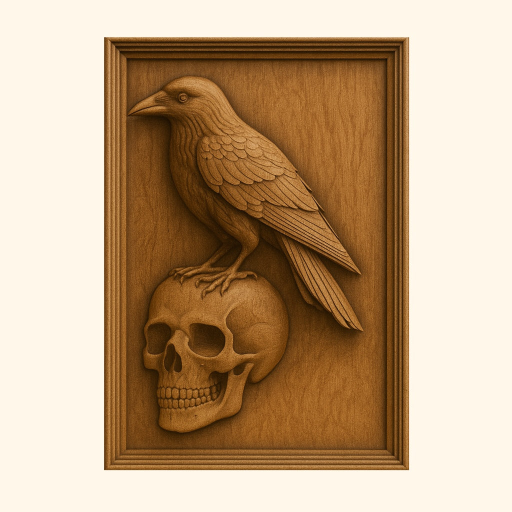 Introducing the Halloween 35-Pack Mega Bundle CNC STL Files by Form Arcade: This collection features detailed wooden relief carvings, including a striking design of a raven perched on a human skull within a rectangular frame. Perfect for Halloween CNC wall art projects, each monochromatic piece showcases intricate feather and bone textures—a testament to the level of craftsmanship possible with these woodworking files.