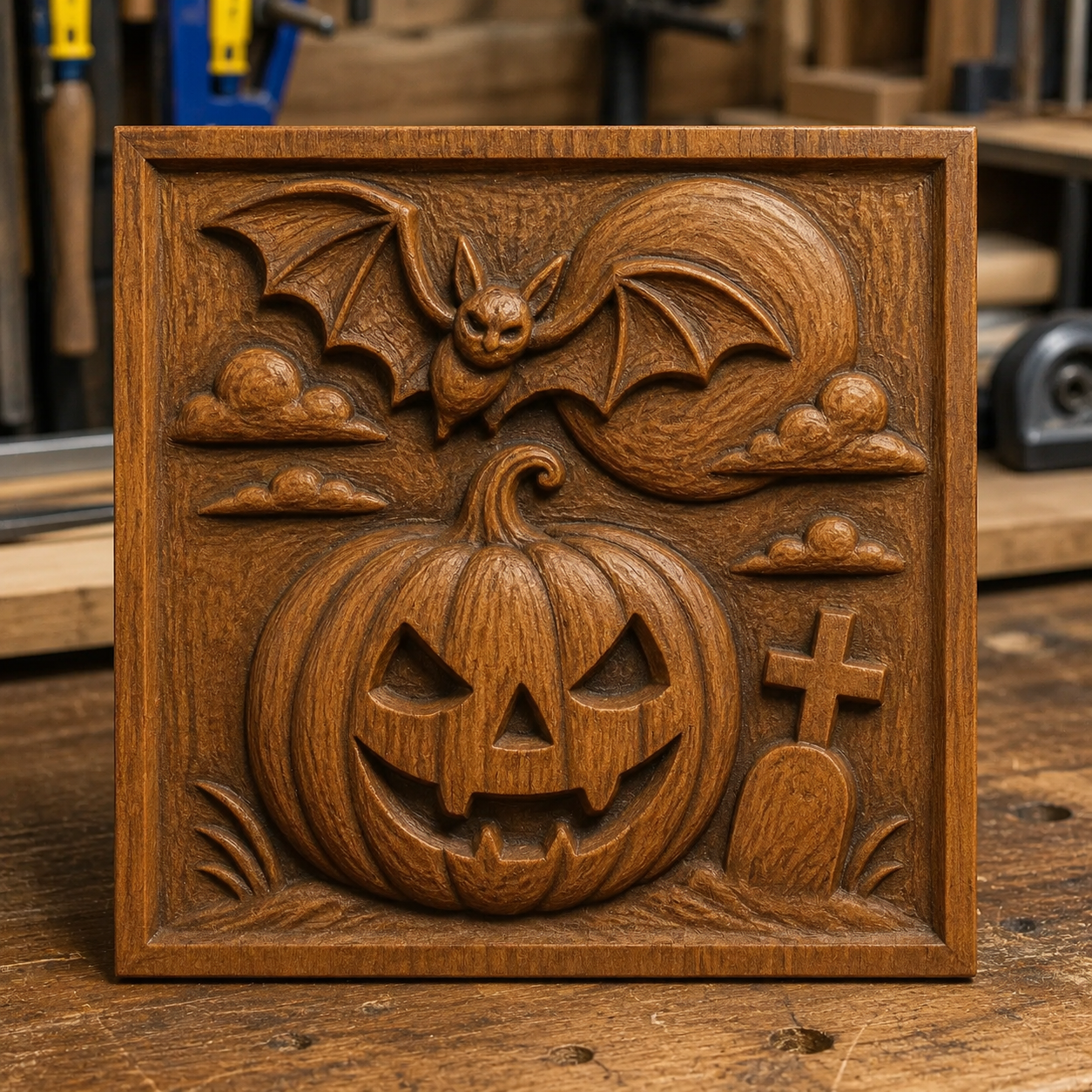 The Halloween Pumpkin Bat CNC Relief STL File by Form Arcade features a jack-o-lantern, bat, moon, clouds, and gravestone—ideal wall art for your next Halloween woodworking project.