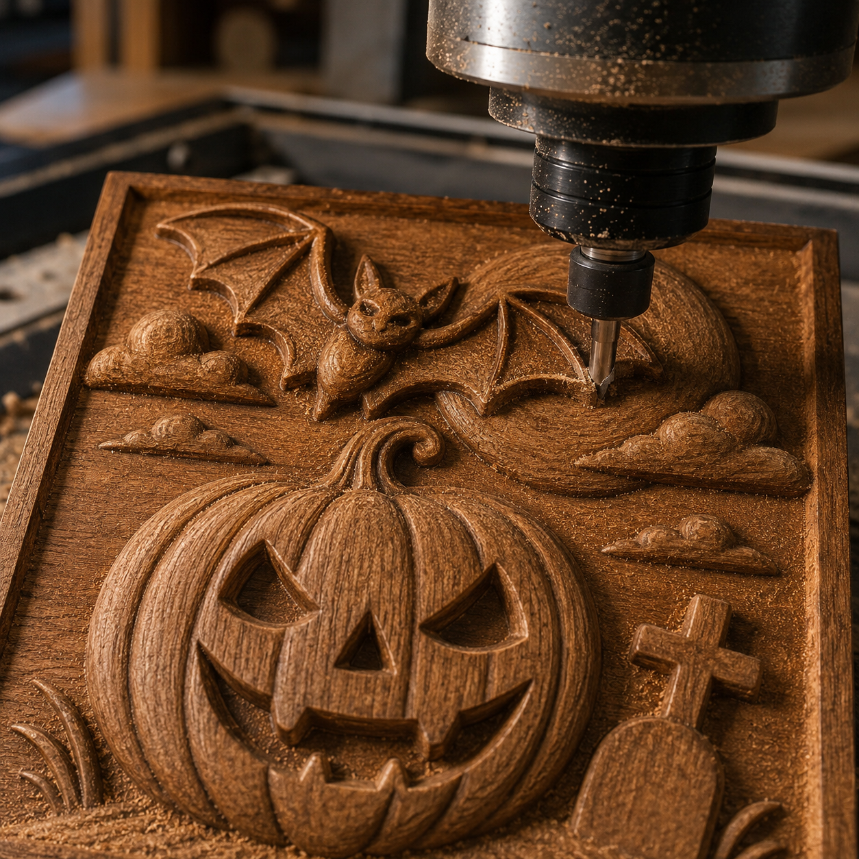 The Halloween Pumpkin Bat CNC Relief STL File by Form Arcade lets you craft a Halloween-themed wooden plaque with a jack-o-lantern, bat, clouds, and gravestone—perfect CNC wall art for your next project.
