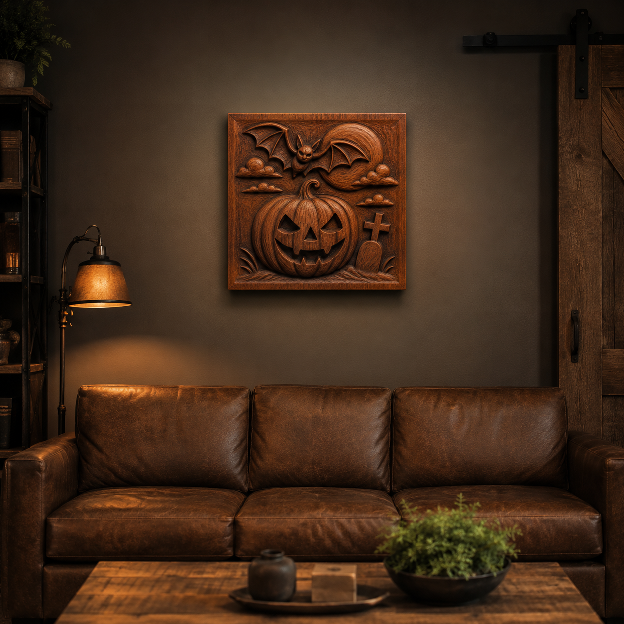 A cozy living room with a brown leather sofa and wooden coffee table is brightened by Form Arcade's Halloween Pumpkin Bat CNC Relief STL File—a unique CNC wall art featuring bats, pumpkins, clouds, and gravestones for festive flair.
