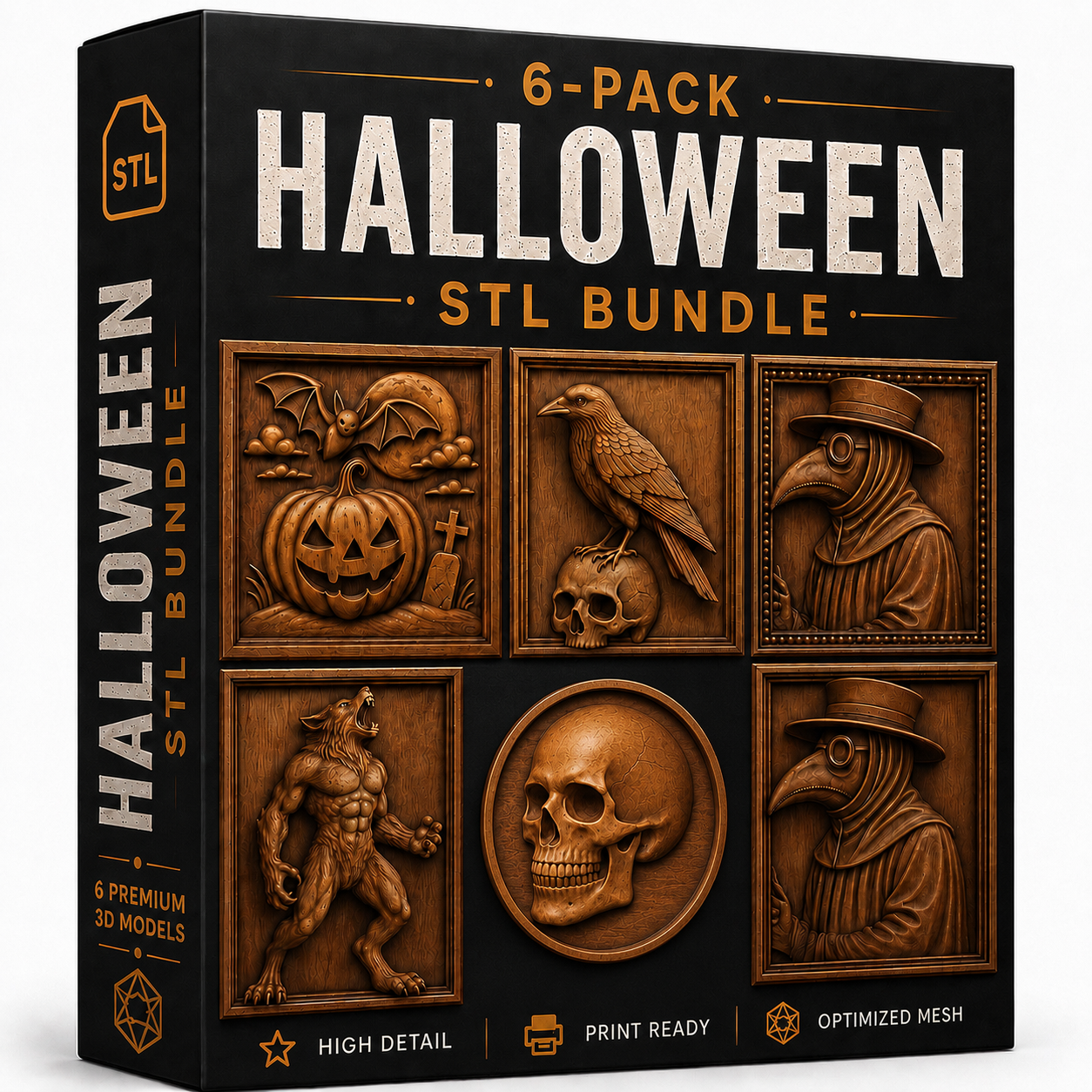 A box labeled “Halloween Relief STL 6-Pack Bundle | Halloween CNC Wall Art” by Form Arcade showcases six high-detail carved images: a bat with a pumpkin, a raven, a plague doctor, a werewolf, a skull, and a vampire. Text on the box reads “6-pack,” “high detail,” and “print ready.” Ideal for CNC relief carving or woodworking projects.