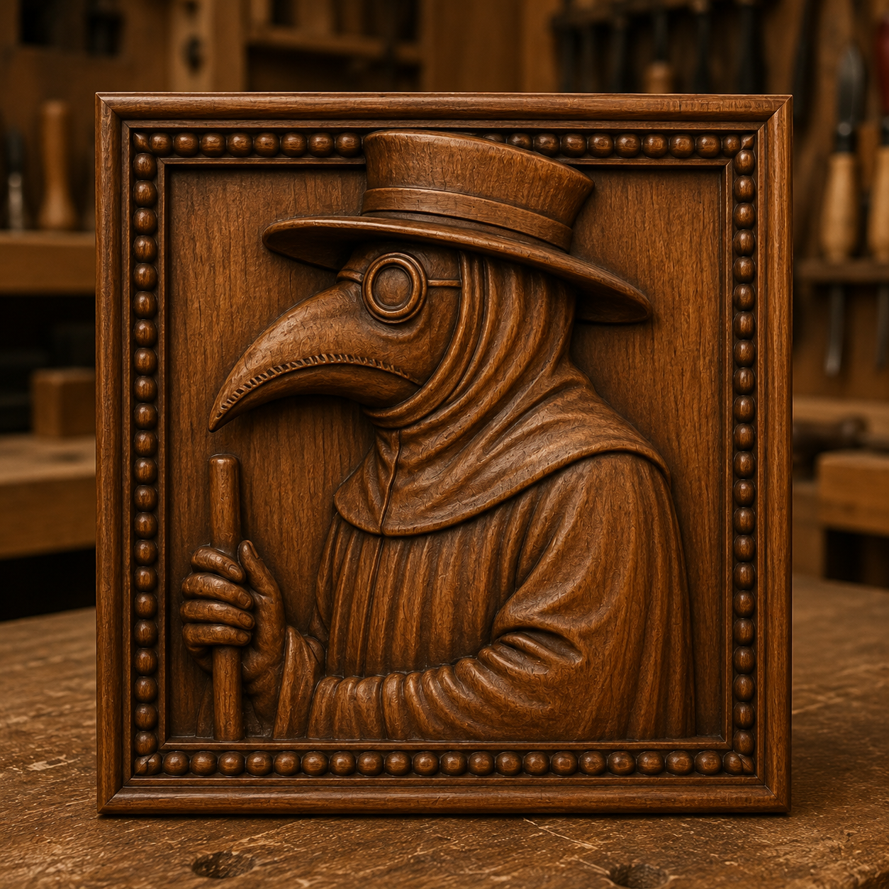 A detailed wooden carving depicts a plague doctor in traditional attire—including a beaked mask, cloak, and hat—holding a staff, set within a decorative square frame against a blurred workshop backdrop. This design is part of the Halloween Relief STL 6-Pack Bundle | Halloween CNC Wall Art by Form Arcade and makes an ideal addition to woodworking projects or seasonal decor.